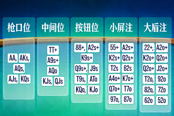 德州扑克起手牌选择范围图表，标注不同位置的推荐手牌