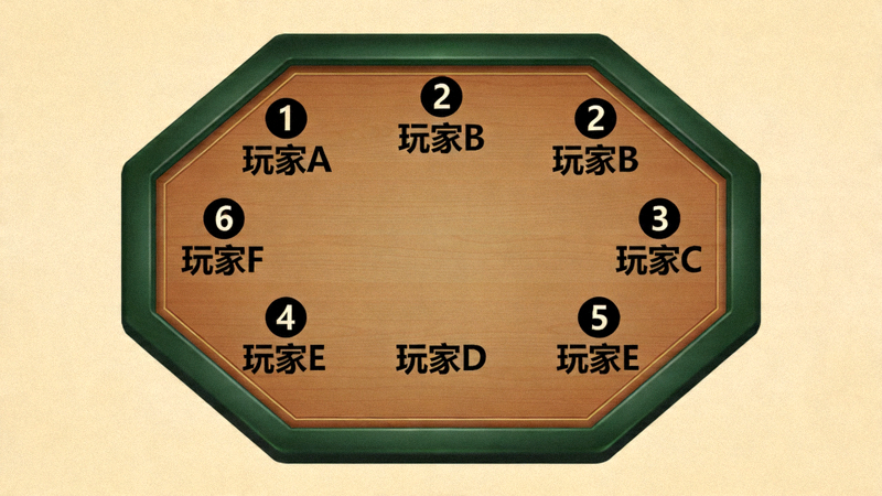 6人德州扑克桌位置示意图，标注玩家座位号与名称