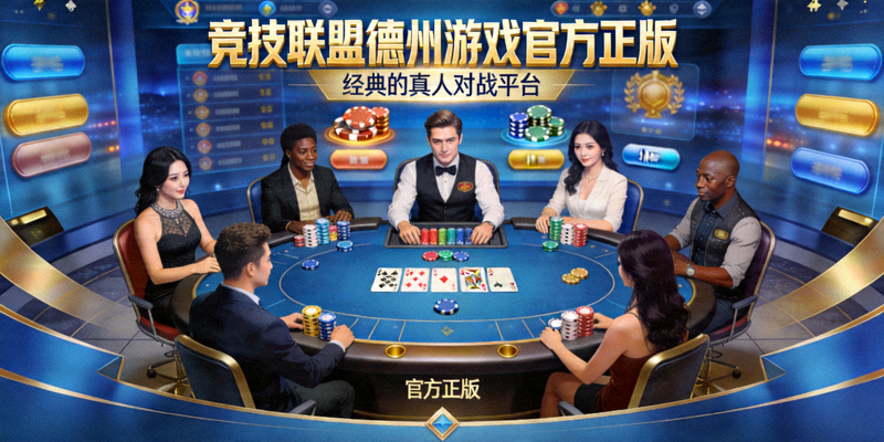 德州扑克牌桌布局示意图：展示庄家按钮、盲注位、公共牌区和玩家位置