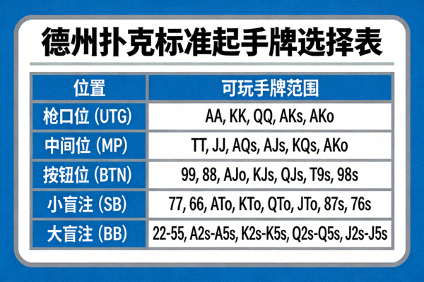 德州扑克标准起手牌选择表：展示不同位置可玩的手牌范围
