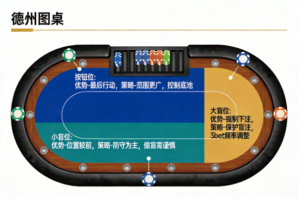 德州扑克牌桌位置示意图：标注按钮位、盲注位等不同位置的优势与策略